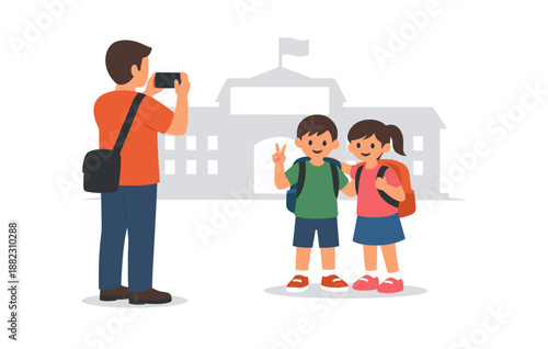Father photographing children in front of school building