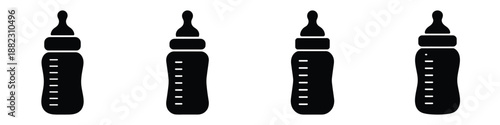 Baby Bottle Icons Set – Infant Feeding Bottle Vector Illustration, Newborn Formula Nutrition Silhouette, Pediatric Healthcare and Maternity Design, Measurement Scale Milk Bottle Icon