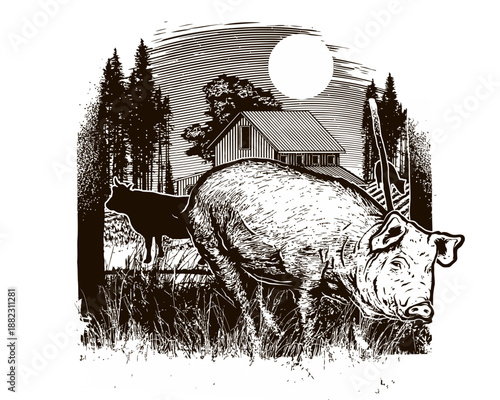 Vintage Woodcut Pig Farm Illustration