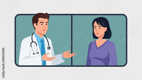 A doctor in a white coat gestures to a woman in a clinical setting, engaging in a consultation, from a graphic illustration viewpoint.