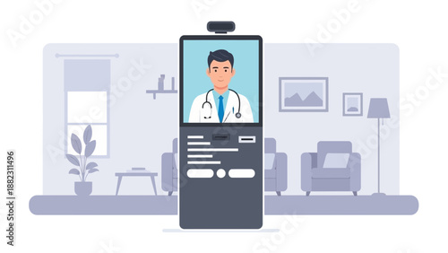 A doctor is consulting with a patient remotely through a digital kiosk in a modern living room from a front viewpoint.