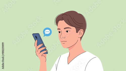 A young man is holding a mobile phone and reading a message from a chat bubble in a digital illustration style.