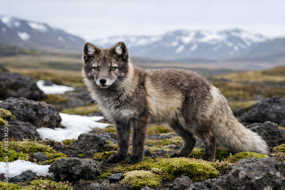 Fototapeta premium Ultra-realistic wildlife photo of an Arctic fox in spring coat on mossy volcanic ground in Iceland, natural overcast light, sharp focus, shallow depth of field, pristine wild landscape.