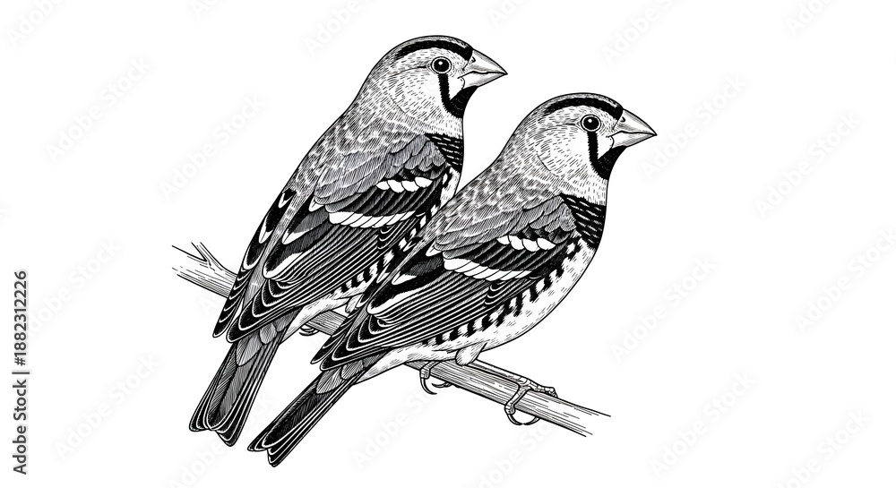 Fototapeta premium Two rose breasted grosbeaks sitting side by side on tree branch detailed antique style vintage etching illustration