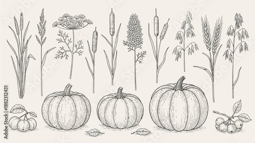 Assorted pumpkins and various plants illustrated in a detailed botanical drawing from a front viewpoint