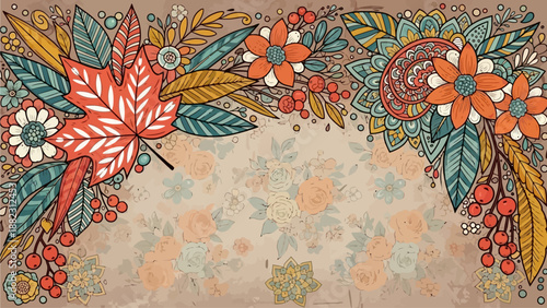 Vibrant floral arrangement with leaves and flowers on a textured background
