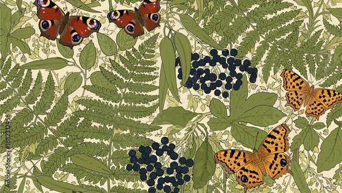 Butterflies flying around flowers and leaves in a lush green environment from a top viewpoint