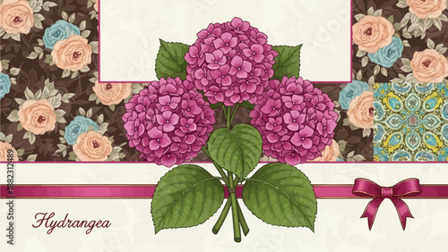 Decorative illustration of hydrangeas with floral pattern and ribbon on brown background
