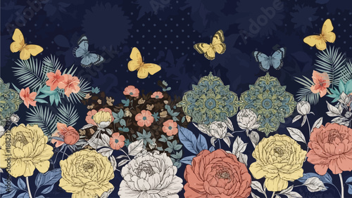 Vibrant flowers and butterflies in a lush garden scene with steven, viewed from above, surrounded by nature