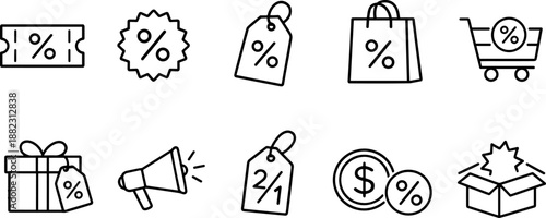 Sale and discount icons set. Shopping promotion, coupon, price tag and special offer outline symbols