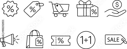 Sale and discount icons set. Shopping promotion, coupon, price tag and special offer outline symbols