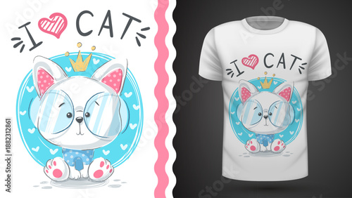 Cute White Cat "I Love" T-Shirt Design