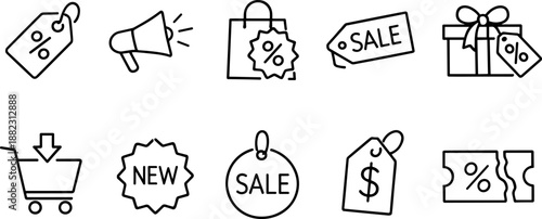 Sale and discount icons set. Shopping promotion, coupon, price tag and special offer outline symbols