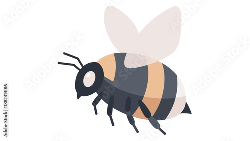 A cartoon bee with black and yellow stripes flying in the air viewed from the side