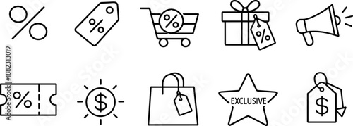 Sale and discount icons set. Shopping promotion, coupon, price tag and special offer outline symbols