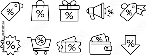 Sale and discount icons set. Shopping promotion, coupon, price tag and special offer outline symbols