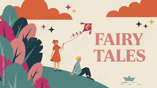 Children flying kite on hill with fairy tale theme and stars in the sky