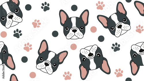 Seamless pattern of cartoon Boston Terrier dog faces and paw prints on a white background from a top-down viewpoint