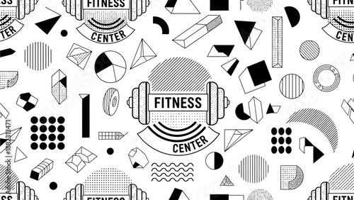 Modern fitness center with geometric shapes and bold typography