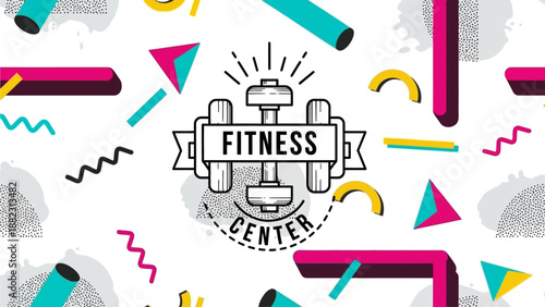 Vibrant Fitness Center Emblem Surrounded by Dynamic Shapes and Symbols on a White Background