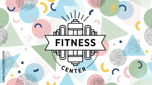 Vibrant Fitness Center Logo Illustration with Dumbbell Icon and Abstract Shapes