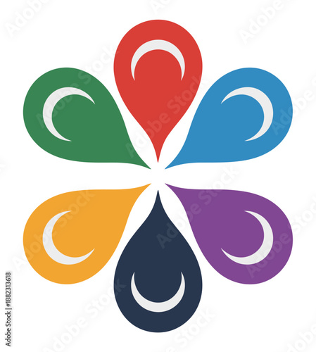 A colorful logo with six teardrop shapes arranged in a flower pattern on a white background
