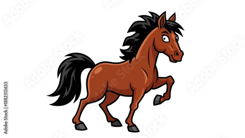 A cartoon brown horse running with flowing black mane, dynamic pose, vector illustration