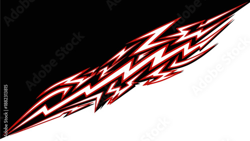 Dynamic red and white abstract lightning bolt illustration on contrasting black and white background