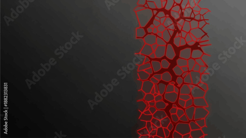 A vibrant red molecular structure illustration on a dark gradient background from a straight-on viewpoint showcasing intricate patterns and scientific details