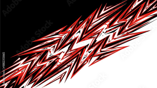 Dynamic abstract illustration of zigzag patterns in red and black on a split background viewed from a diagonal perspective