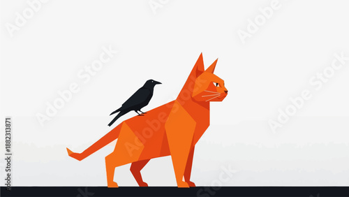 An orange cat stands with a black bird perched on its back in a minimalist illustration from a side viewpoint.
