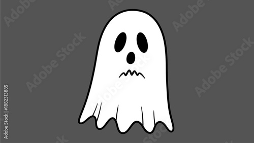 A simple white ghost with a frowning face is centered on a dark gray background, illustrated in a minimalist style with bold black outlines.