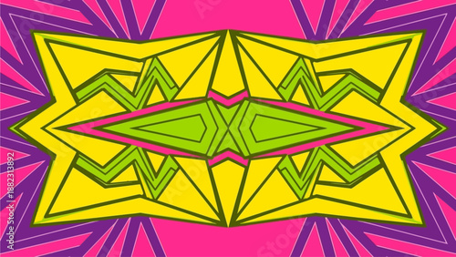 Vibrant abstract illustration featuring geometric shapes, symmetrical patterns, and bold colors in a digital artwork viewed from a frontal perspective