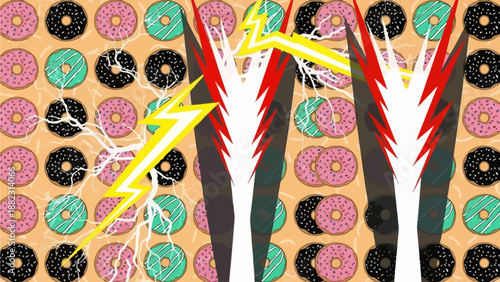Vibrant abstract illustration of steven, trees, and donuts, viewed from the front, with dynamic colorful patterns in the background