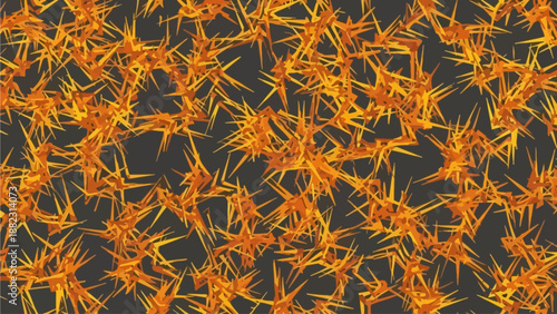 A vibrant cluster of orange star-shaped objects against a dark background, viewed from directly above, creating a dynamic pattern