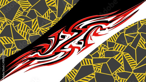 Abstract geometric pattern with vibrant red and black flames on diagonal split background
