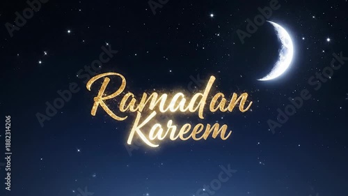 Wallpaper Mural Ramadan Kareem greeting text floating in a starry deep blue night sky with an ethereal crescent moon glow, ideal for religious holiday marketing and cultural event social media posts. Torontodigital.ca