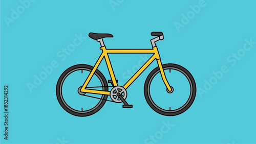 A bright yellow bicycle on a vibrant turquoise background, viewed from the side, showcasing its sleek design and sturdy frame.