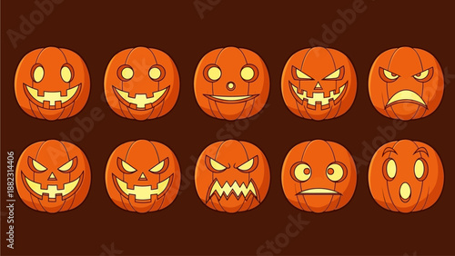 Collection of various Halloween pumpkin faces with different emotions on a dark background in a digital illustration