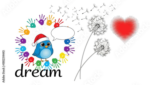 Illustration of a blue bird in a festive hat surrounded by colorful splashes and dandelion seeds with a heart