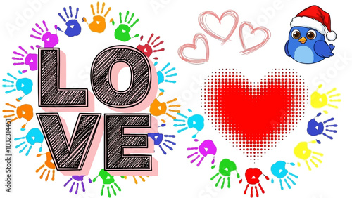 Colorful illustration of love and hearts surrounding a red heart symbol with festive elements