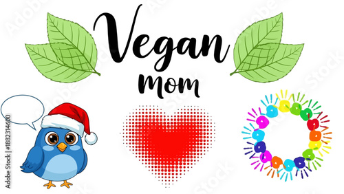 Vegan mom illustration featuring a blue bird wearing a Santa hat surrounded by a heart and floral wreath