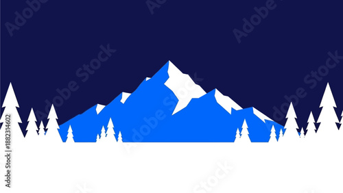 A serene mountain landscape with snow-capped peaks and evergreen trees viewed from a distance in a peaceful environment