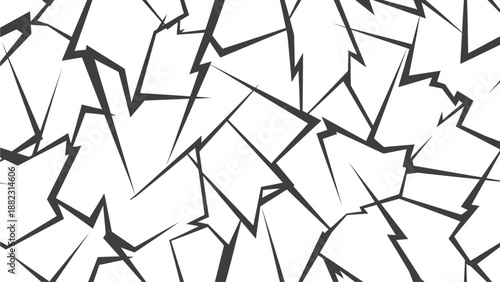Geometric shapes pattern illustration with fragmented stars, lightning, and polygons in a chaotic arrangement from a top-down viewpoint
