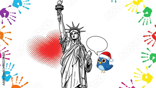 Statue of Liberty illustration with Twitter bird wearing Santa hat and colorful handprints around the border
