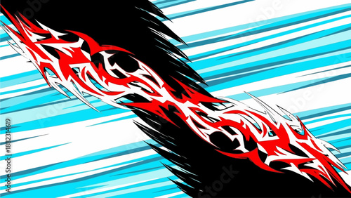 Dynamic abstract art featuring flames, motion, energy, speed, and vibrant colors in a diagonal composition from a frontal viewpoint