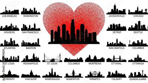 City skylines forming a heart shape with affection and love for urban landscapes and architecture from various cities worldwide