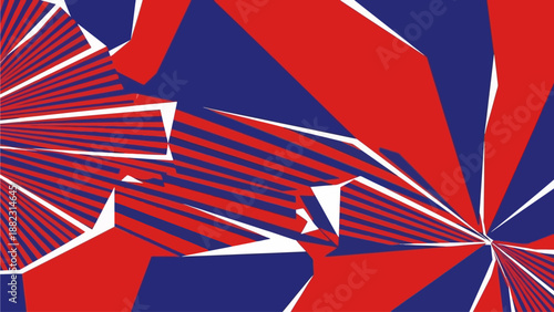 Vibrant abstract geometric pattern featuring dynamic shapes and lines in red, blue, and white, creating a sense of movement and energy