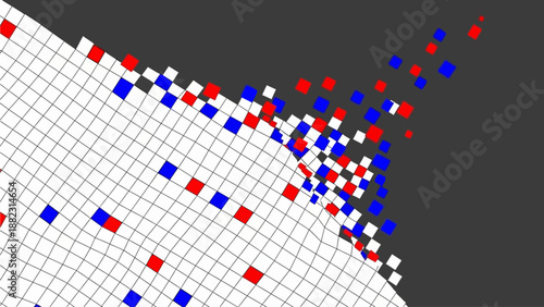 Red, blue, and white cubes scattered on a grid surface viewed from an angle