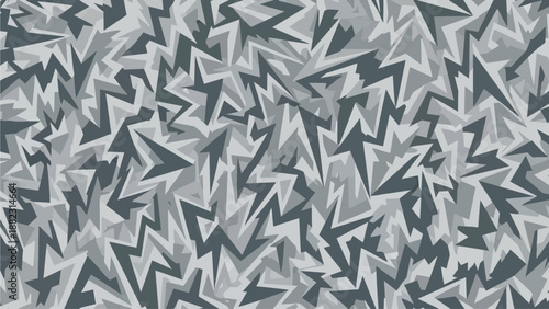 A complex pattern of abstract geometric shapes and forms in various shades of gray and white, creating a visually striking design, steven